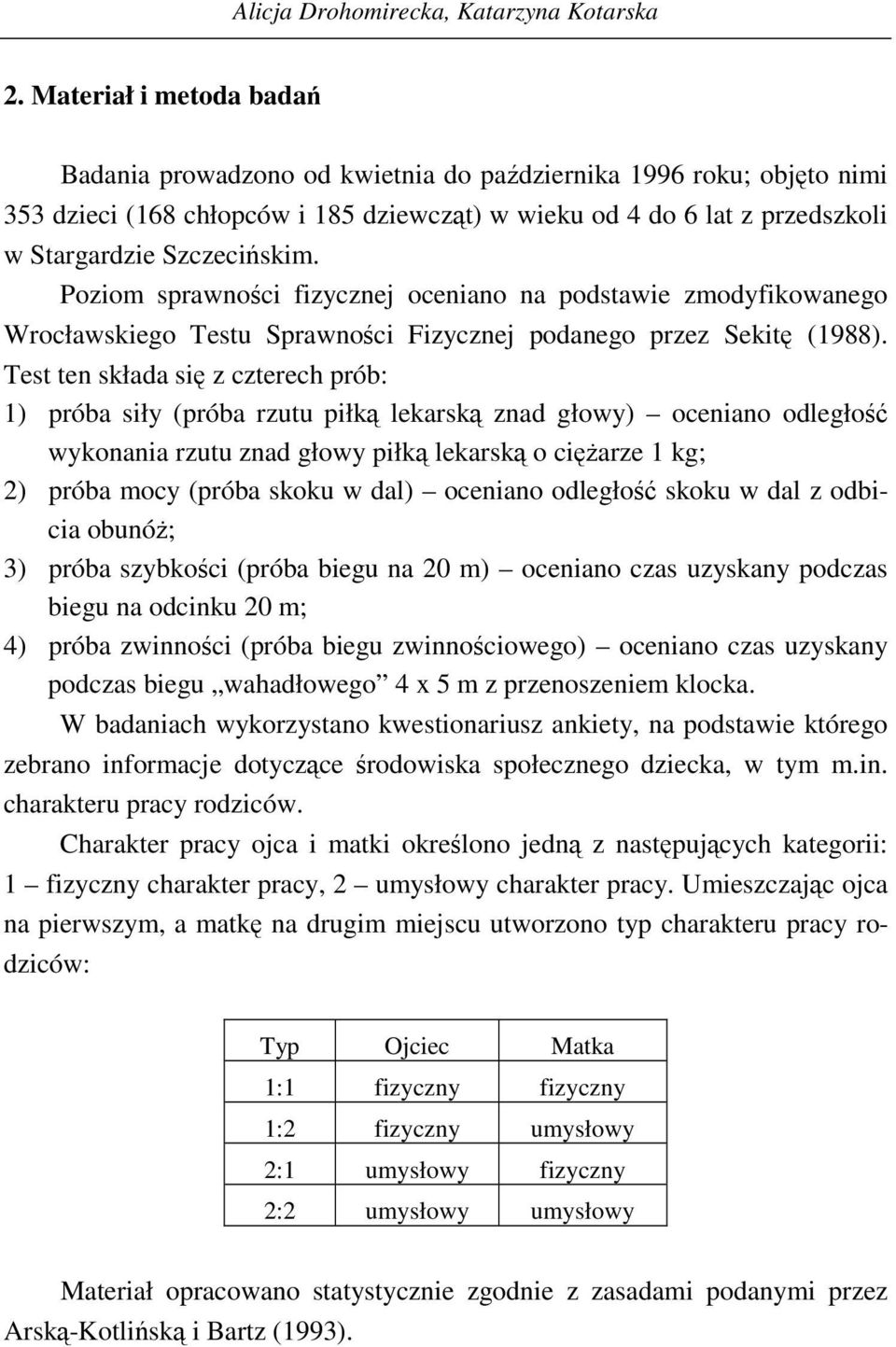 Poziom sprawności fizycznej oceniano na podstawie zmodyfikowanego Wrocławskiego Testu Sprawności Fizycznej podanego przez Sekitę (1988).