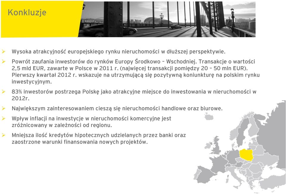 wskazuje na utrzymującą się pozytywną koniunkturę na polskim rynku inwestycyjnym. 83% inwestorów postrzega Polskę jako atrakcyjne miejsce do inwestowania w nieruchomości w 2012r.