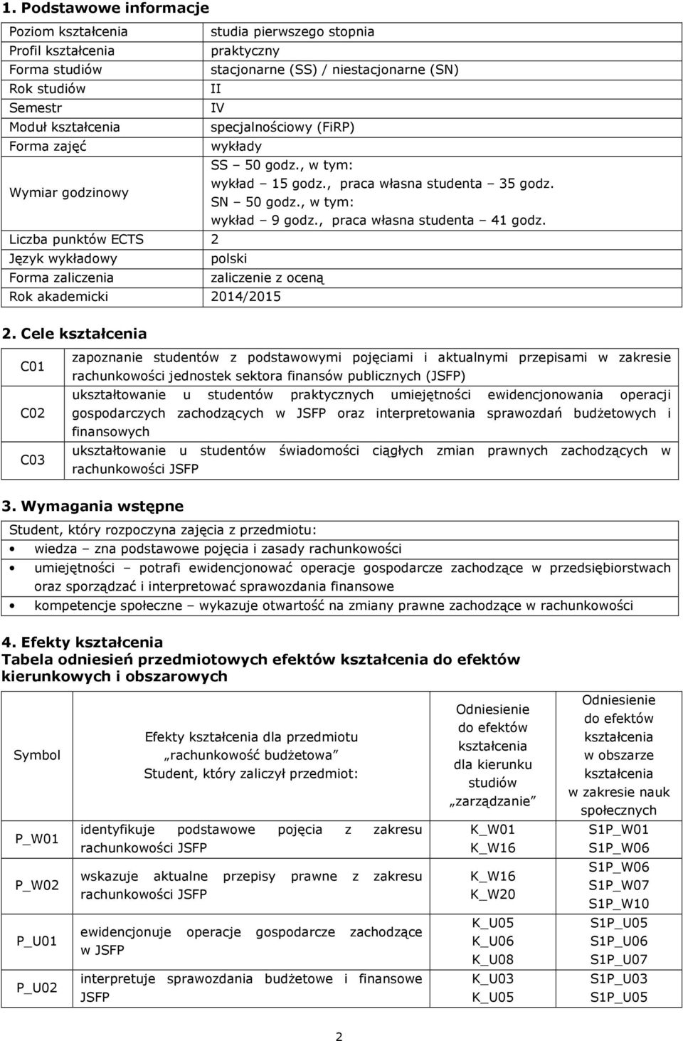 , w tym: wykład 9 godz., praca własna studenta 41 godz. polski zaliczenie z oceną Rok akademicki 2014/2015 2.