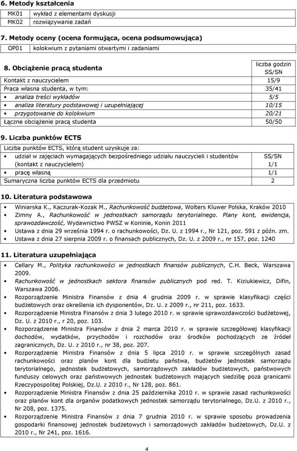 przygotowanie do kolokwium 20/21 Łączne obciążenie pracą studenta 50/50 9.