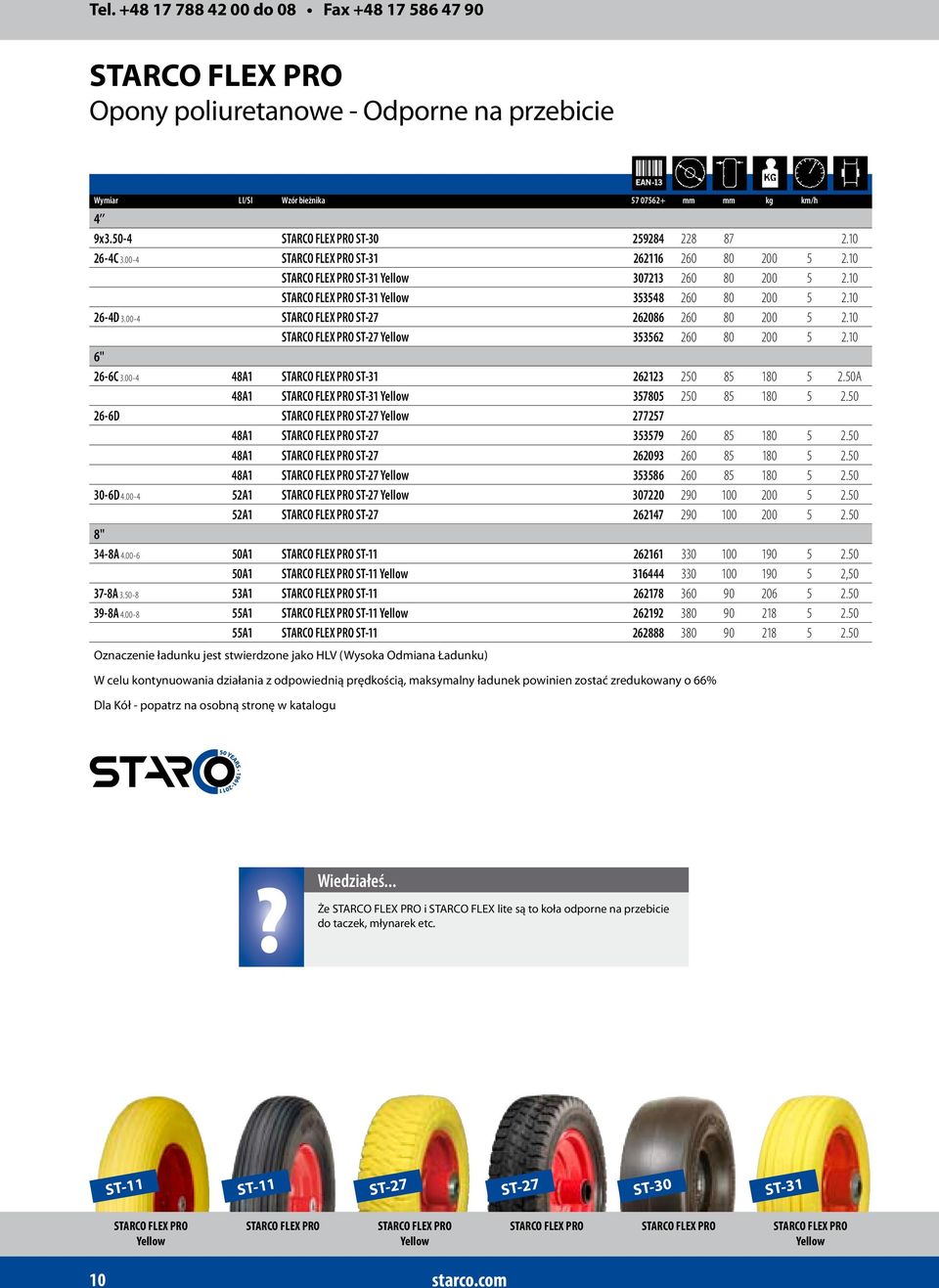 00-4 STARCO FLEX PRO ST-27 262086 260 80 200 5 2.10 STARCO FLEX PRO ST-27 Yellow 353562 260 80 200 5 2.10 6'' 26-6C 3.00-4 48A1 STARCO FLEX PRO ST-31 262123 250 85 180 5 2.