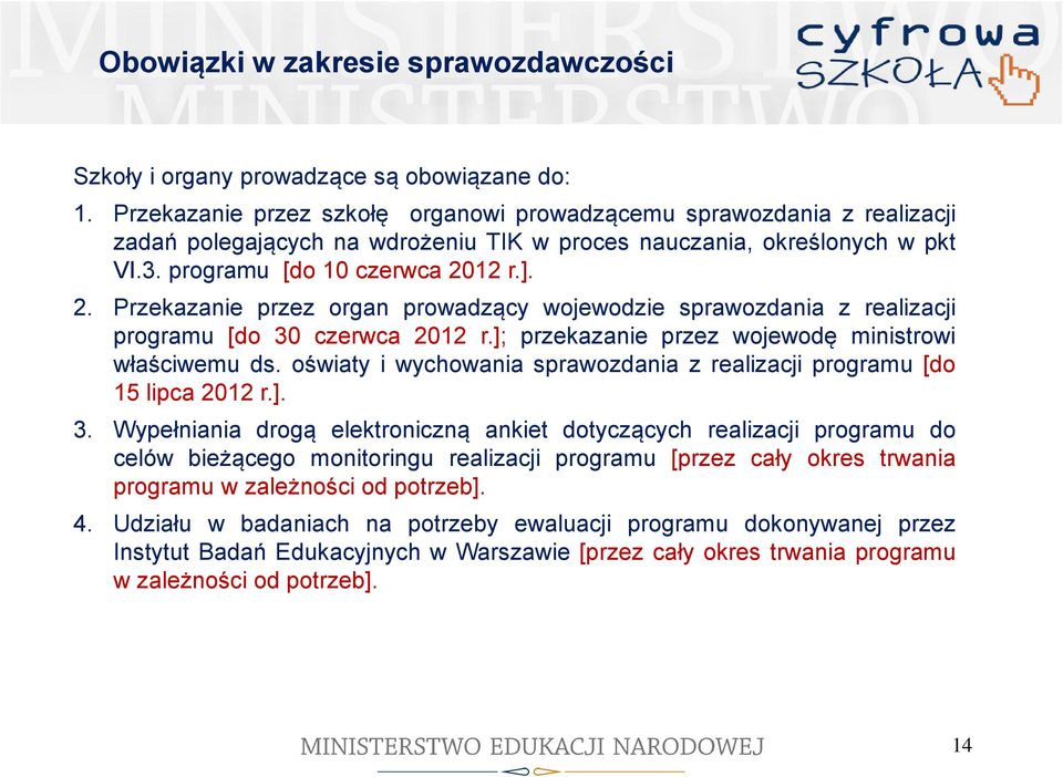 12 r.]. 2. Przekazanie przez organ prowadzący wojewodzie sprawozdania z realizacji programu [do 30 czerwca 2012 r.]; przekazanie przez wojewodę ministrowi właściwemu ds.