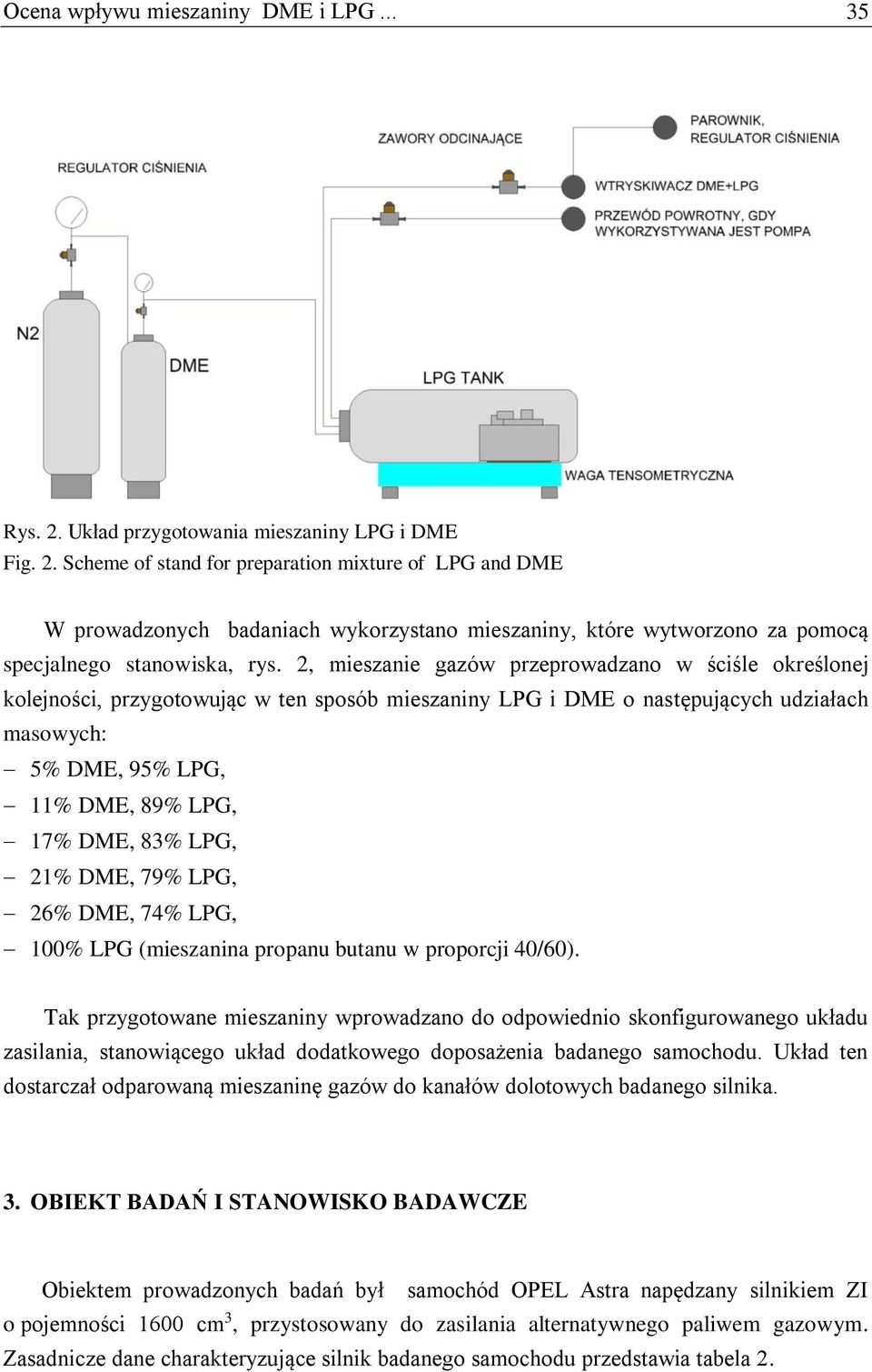 Scheme of stand for preparation mixture of LPG and DME W prowadzonych badaniach wykorzystano mieszaniny, które wytworzono za pomocą specjalnego stanowiska, rys.