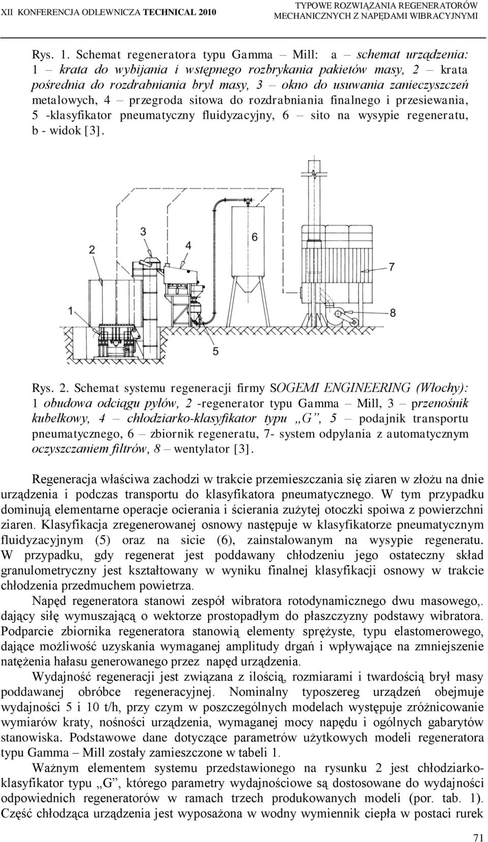 metalowych, 4 przegroda sitowa do rozdrabniania finalnego i przesiewania, 5 -klasyfikator pneumatyczny fluidyzacyjny, 6 sito na wysypie regeneratu, b - widok [3]. Rys. 2.