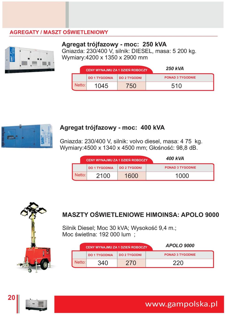 volvo diesel, masa: 4 75 kg. Wymiary:4500 x 1340 x 4500 mm; G³oœnoœæ: 98,8 db.