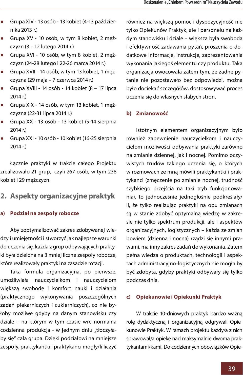 ) Grupa XVIII - 14 osób - 14 kobiet (8 17 lipca 2014 r.) Grupa XIX - 14 osób, w tym 13 kobiet, 1 mężczyzna (22-31 lipca 2014 r.) Grupa XX - 13 osób - 13 kobiet (5-14 sierpnia 2014 r.