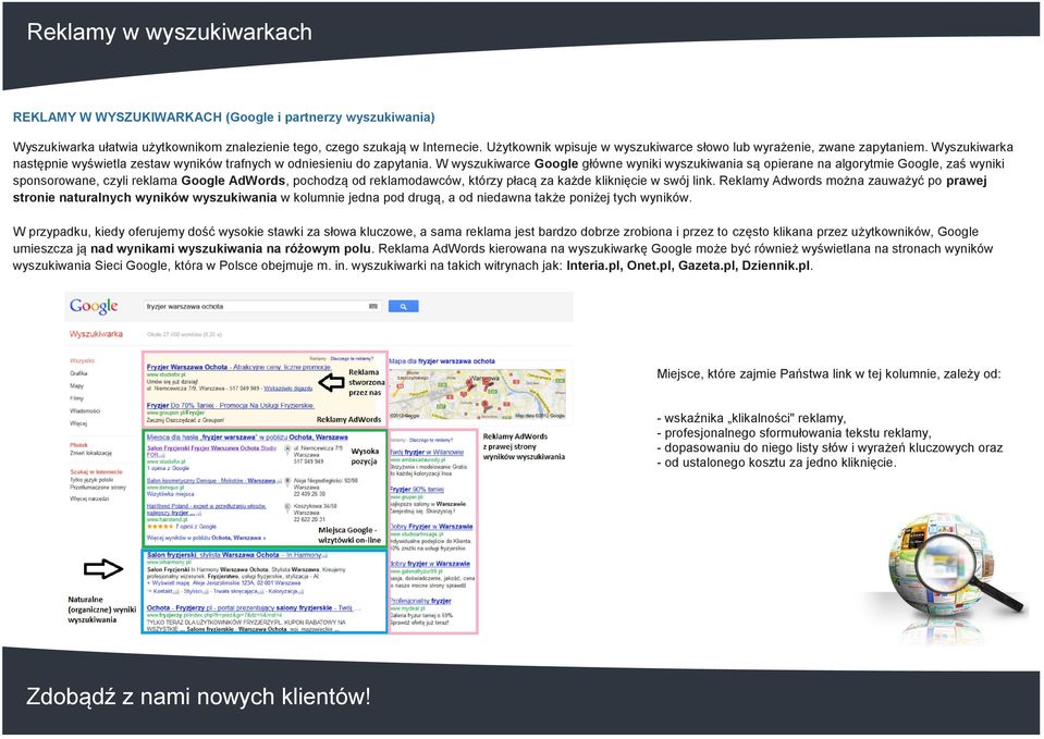 W wyszukiwarce Google główne wyniki wyszukiwania są opierane na algorytmie Google, zaś wyniki sponsorowane, czyli reklama Google AdWords, pochodzą od reklamodawców, którzy płacą za każde kliknięcie w