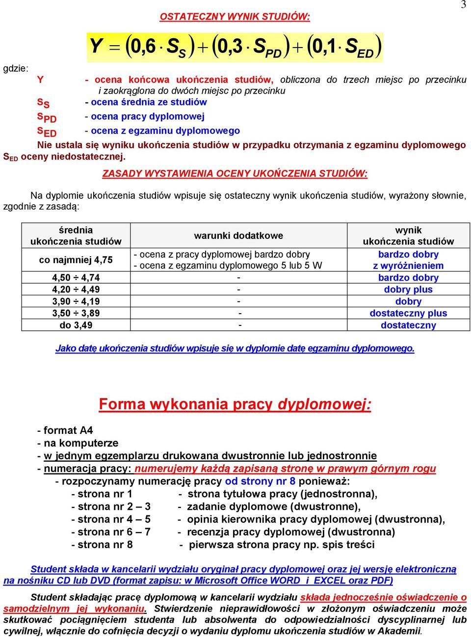 ZASADY WYSTAWIENIA OCENY UKOŃCZENIA STUDIÓW: Na dyplomie ukończenia studiów wpisuje się ostateczny wynik ukończenia studiów, wyrażony słownie, zgodnie z zasadą: średnia ukończenia studiów warunki