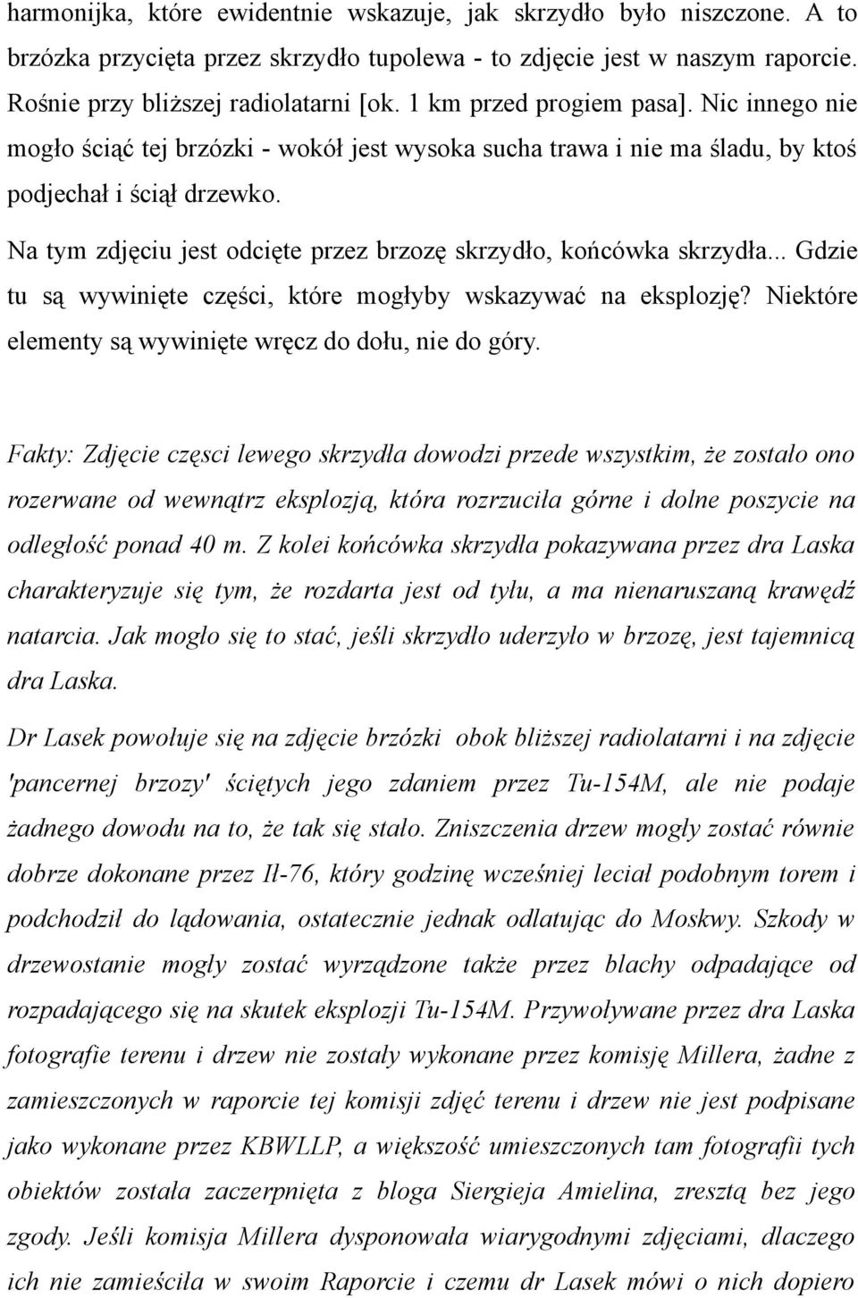 Na tym zdjęciu jest odcięte przez brzozę skrzydło, końcówka skrzydła... Gdzie tu są wywinięte części, które mogłyby wskazywać na eksplozję? Niektóre elementy są wywinięte wręcz do dołu, nie do góry.