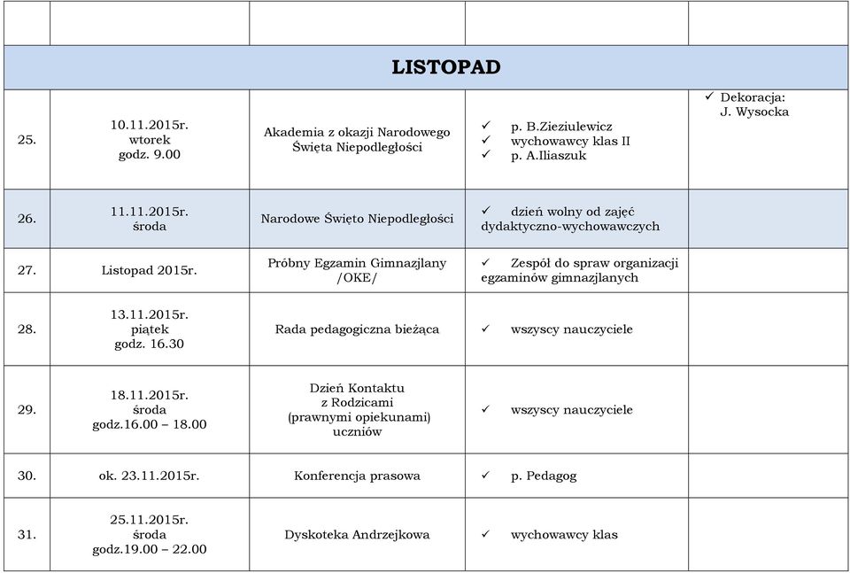 Próbny Egzamin Gimnazjlany /OKE/ Zespół do spraw organizacji egzaminów gimnazjlanych 28. 13.11.2015r. godz. 16.30 Rada pedagogiczna bieżąca 29. 18.