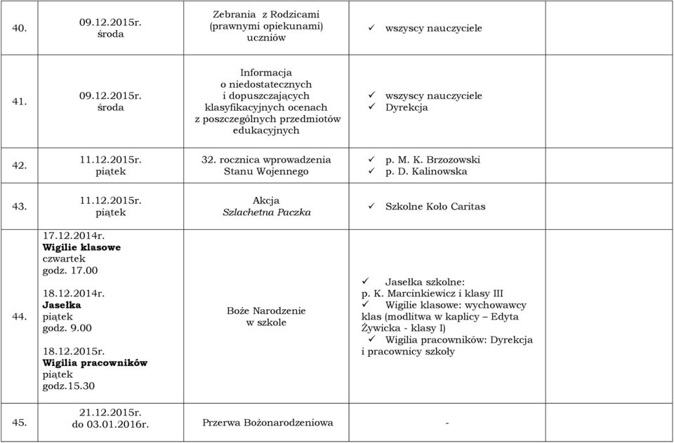 Wigilie klasowe czwartek godz. 17.00 18.12.2014r. Jasełka godz. 9.00 18.12.2015r. Wigilia pracowników godz.15.30 Boże Narodzenie w szkole Jasełka szkolne: p. K.