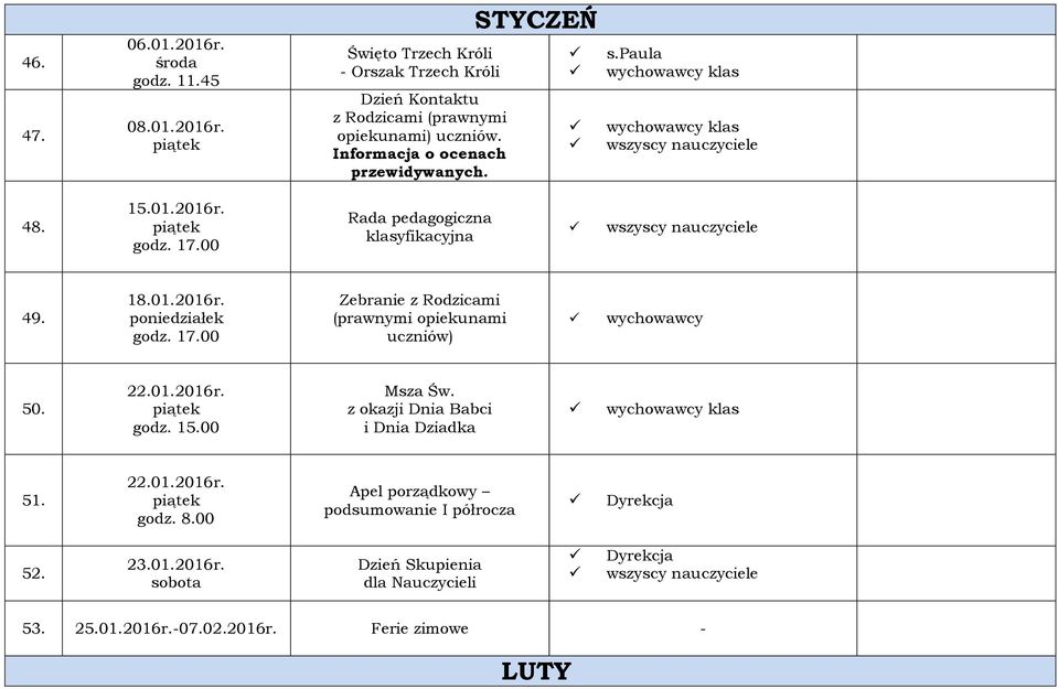 17.00 Zebranie z Rodzicami (prawnymi opiekunami uczniów) wychowawcy 50. 22.01.2016r. godz. 15.00 Msza Św. z okazji Dnia Babci i Dnia Dziadka 51. 22.01.2016r. godz. 8.