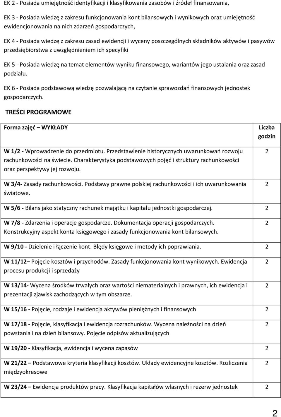 jego ustalania oraz zasad podziału. EK 6 - Posiada podstawową wiedzę pozwalającą na czytanie sprawozdań finansowych jednostek. TREŚCI PROGRAMOWE Forma zajęć WYKŁADY W / - Wprowadzenie do przedmiotu.