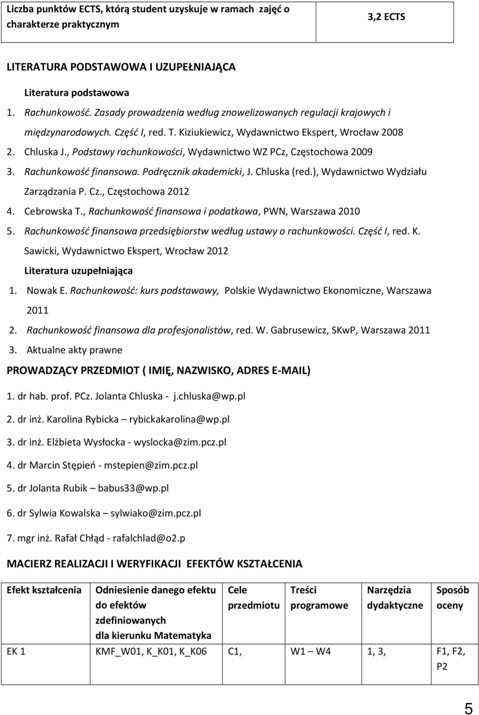 , Podstawy rachunkowości, Wydawnictwo WZ PCz, Częstochowa 009 3. Rachunkowość finansowa. Podręcznik akademicki, J. Chluska (red.), Wydawnictwo Wydziału Zarządzania P. Cz., Częstochowa 0 4.