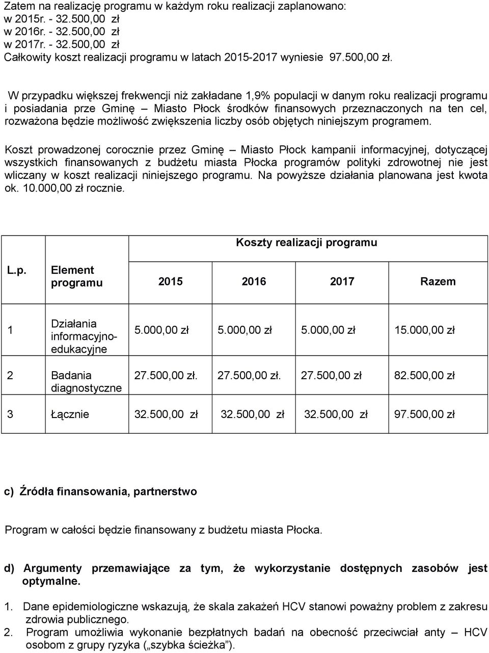 W przypadku większej frekwencji niż zakładane 1,9% populacji w danym roku realizacji programu i posiadania prze Gminę Miasto Płock środków finansowych przeznaczonych na ten cel, rozważona będzie