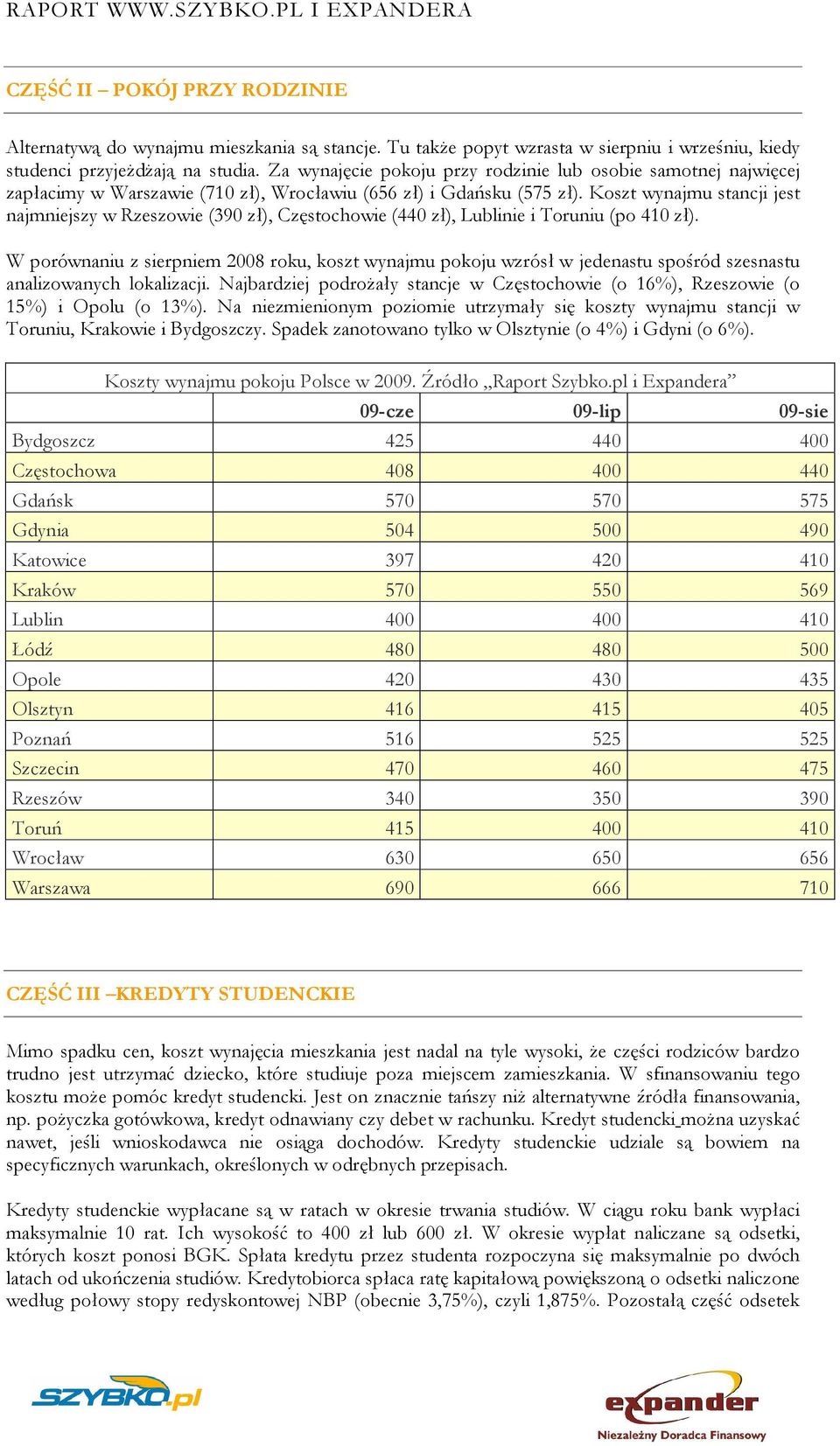 Koszt wynajmu stancji jest najmniejszy w Rzeszowie (390 zł), Częstochowie (440 zł), Lublinie i Toruniu (po 410 zł).