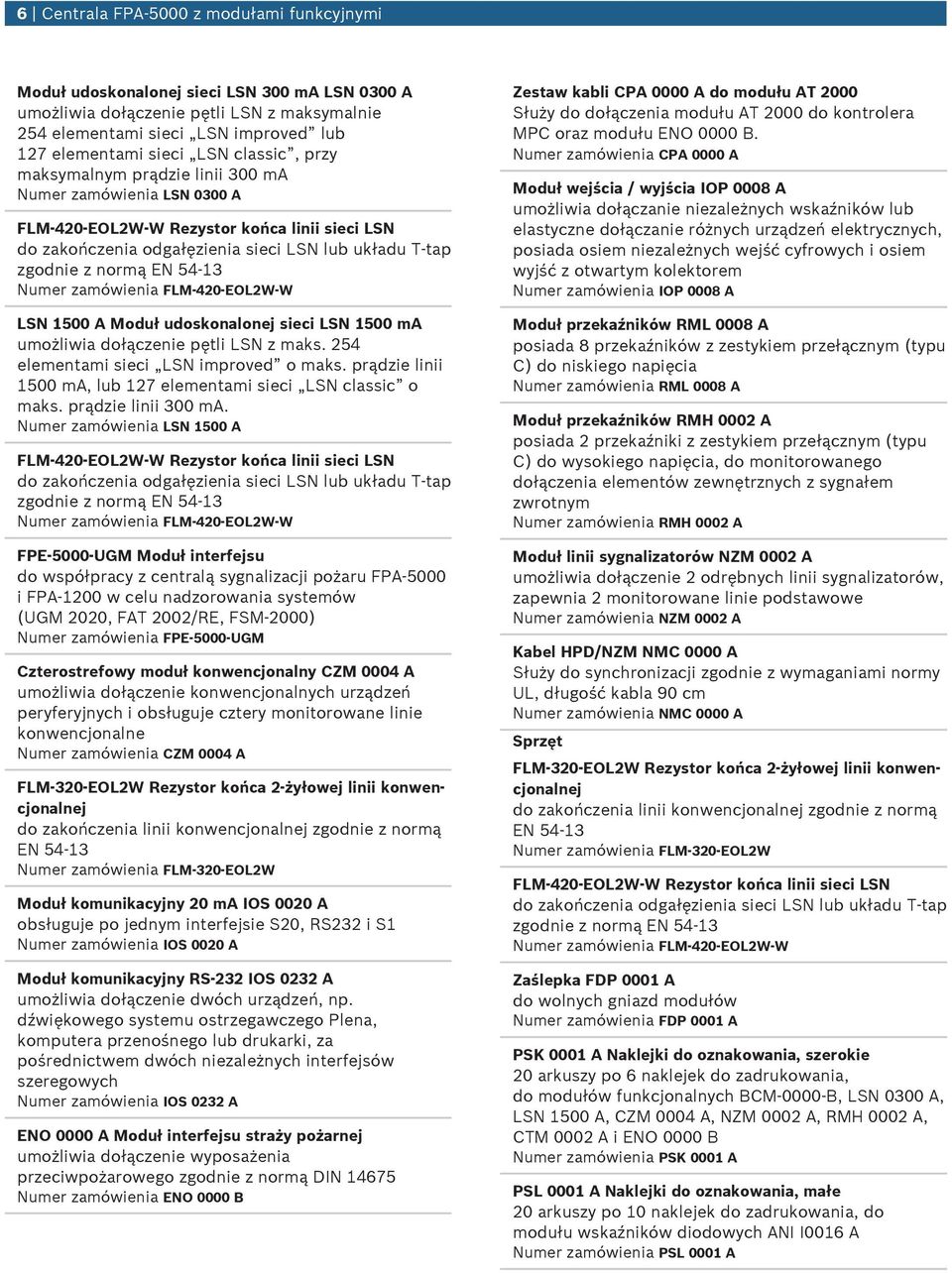 Nmer zamówienia FLM-420-EOL2W-W LSN 1500 A Modł doskonalonej sieci LSN 1500 ma możliwia dołączenie pętli LSN z maks. 254 elementami sieci LSN improved o maks.