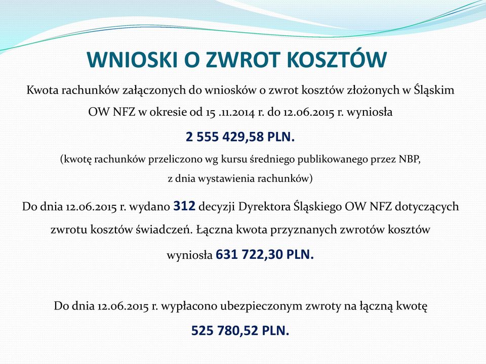 (kwotę rachunków przeliczono wg kursu średniego publikowanego przez NBP, z dnia wystawienia rachunków) Do dnia 12.06.2015 r.