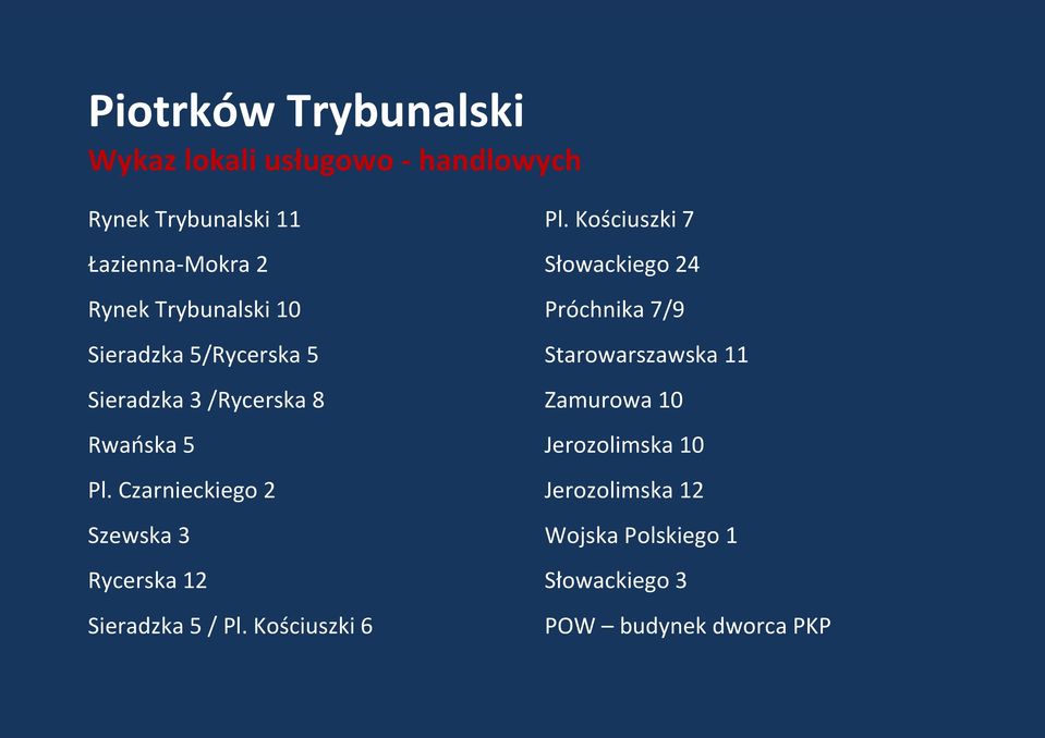 Czarnieckiego 2 Szewska 3 Rycerska 12 Sieradzka 5 / Pl. Kościuszki 6 Pl.