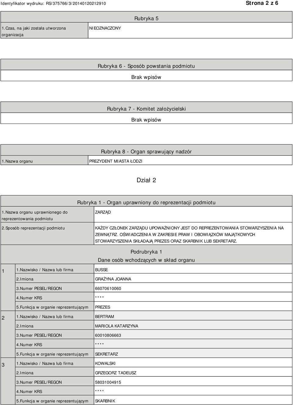 Sposób reprezentacji podmiotu ZARZĄD KAŻDY CZŁONEK ZARZĄDU UPOWAŻNIONY JEST DO REPREZENTOWANIA STOWARZYSZENIA NA ZEWNĄTRZ.