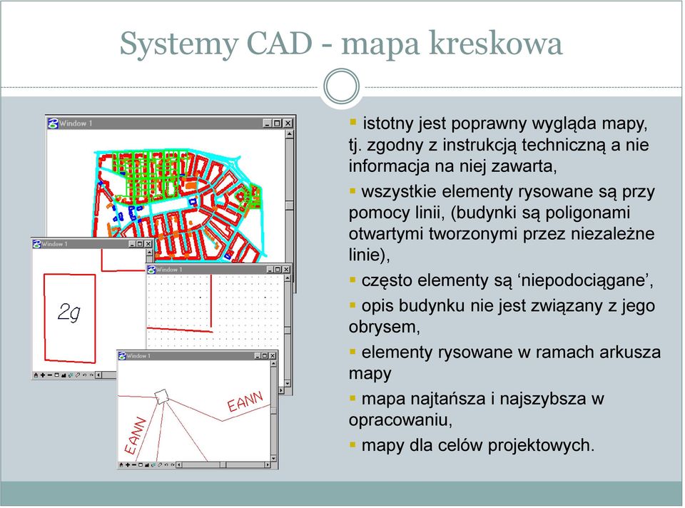 linii, (budynki są poligonami otwartymi tworzonymi przez niezależne linie), często elementy są niepodociągane,