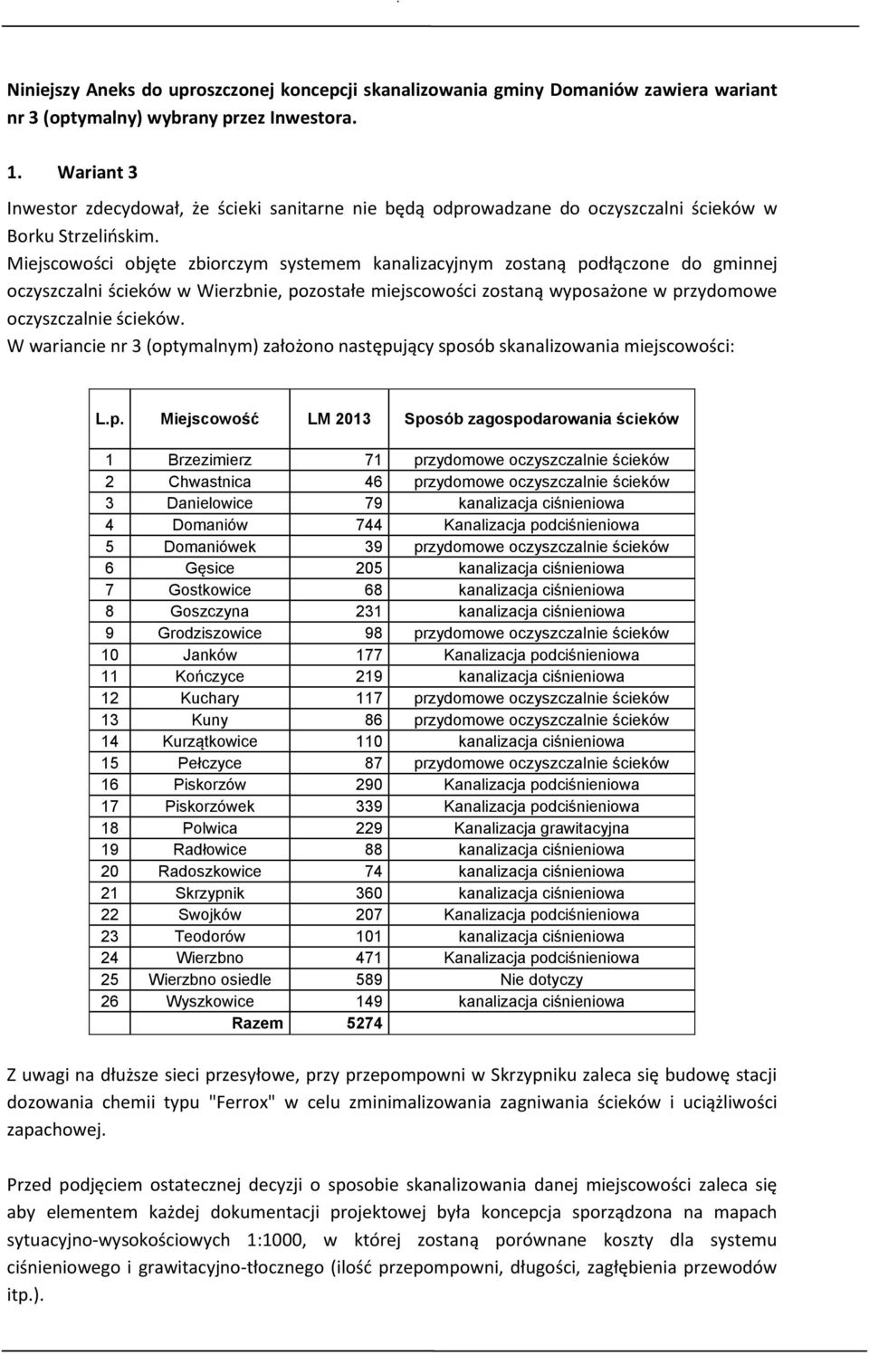 Miejscowości objęte zbiorczym systemem kanalizacyjnym zostaną podłączone do gminnej oczyszczalni ścieków w Wierzbnie, pozostałe miejscowości zostaną wyposażone w przydomowe oczyszczalnie ścieków.