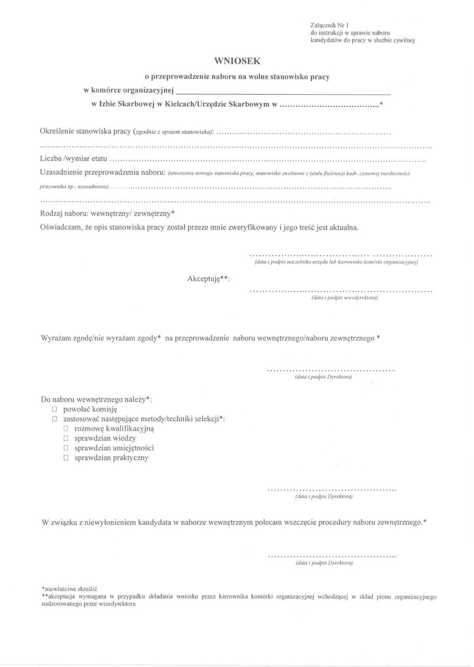 .. Uzasadnienie przeprowadzenia naboru: (utworzenie nowego stanowiska pracy, stanowisko zwolnione z tytułu fluktuacji kadr. czasowej nieobecności pracownika itp.- uzasadnienie).