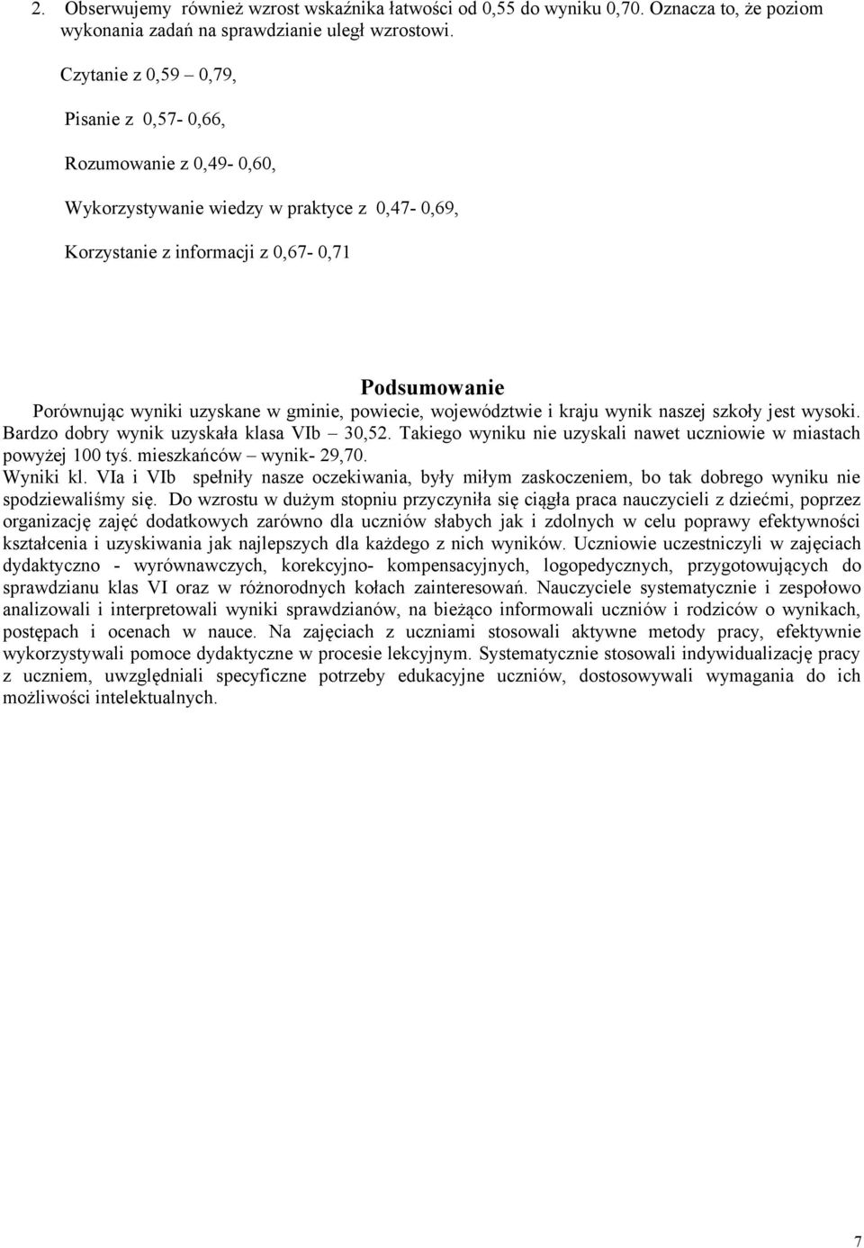 wysoki. Bardzo dobry wynik uzyskała klasa VIb 30,52. Takiego wyniku nie uzyskali nawet uczniowie w miastach powyżej 100 tyś. mieszkańców wynik- 29,70. Wyniki kl.