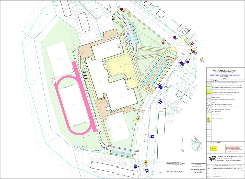 PARKING O NAWIERZCHNI Z KOSTKI BETON. gr. 8 cm PROJ. OPASKA BUDYNKU Z PŁYTEK BETONOWYCH 50x50 cm PROJ. SCHODY I POCHYLNIE Z KOSTKI BETON. gr.6 cm SKARPY - AŻURY D-3 PROJ.