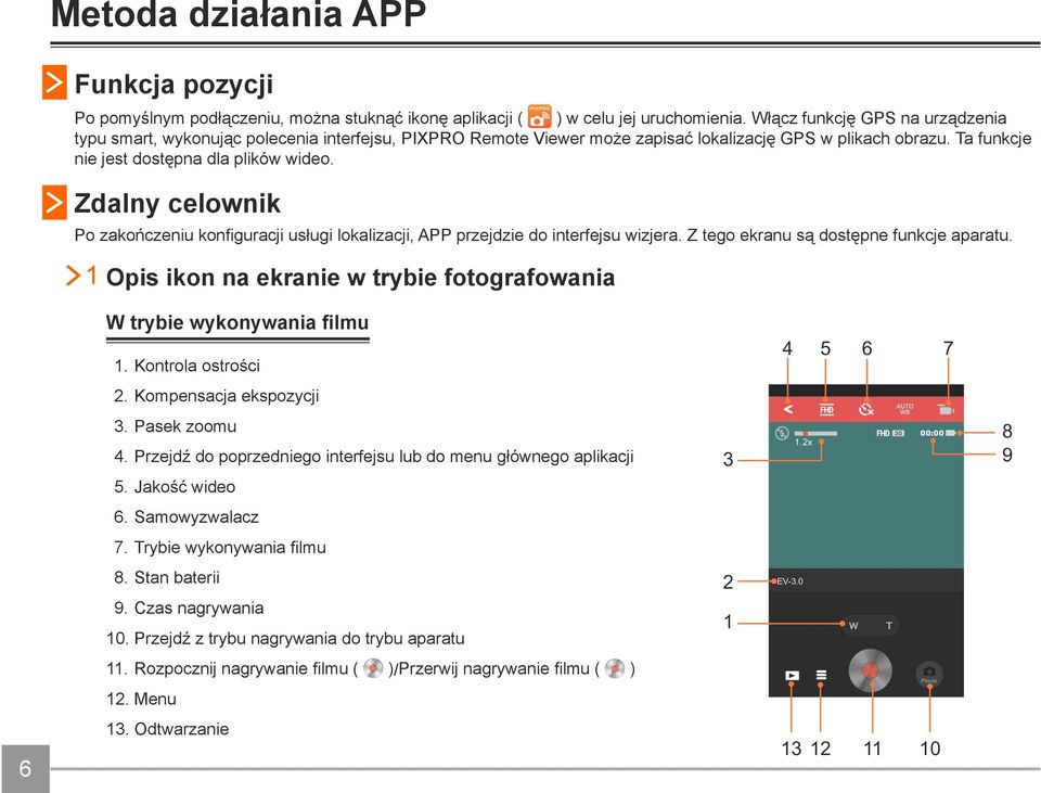 Zdalny celownik Po zakończeniu konfiguracji usługi lokalizacji, APP przejdzie do interfejsu wizjera. Z tego ekranu są dostępne funkcje aparatu.