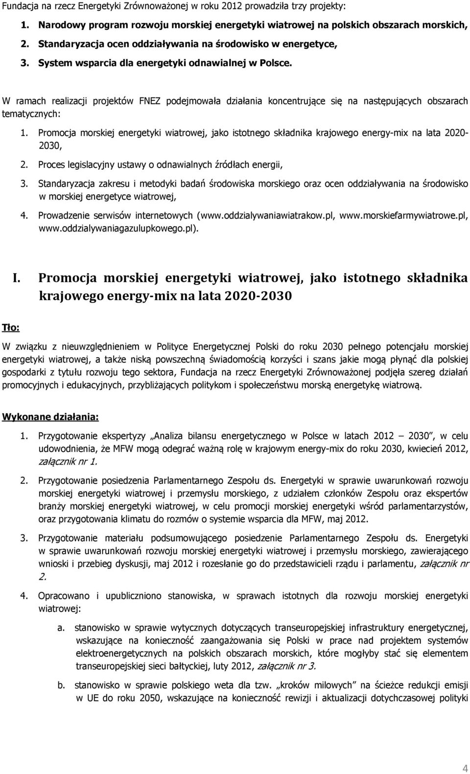 W ramach realizacji projektów FNEZ podejmowała działania koncentrujące się na następujących obszarach tematycznych: 1.