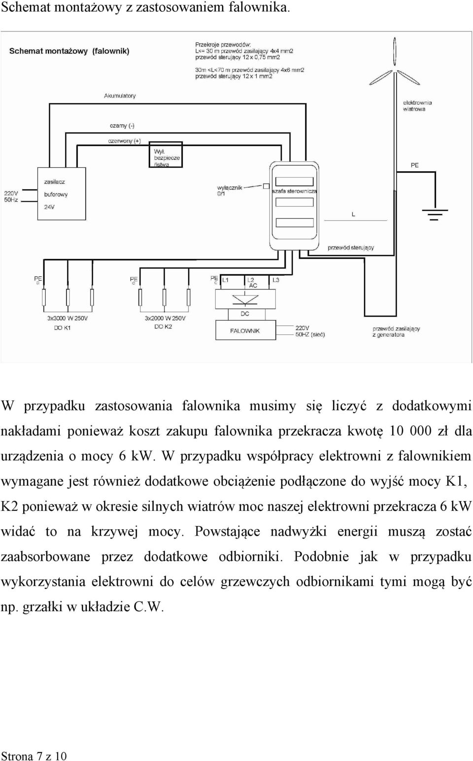 W przypadku współpracy elektrowni z falownikiem wymagane jest również dodatkowe obciążenie podłączone do wyjść mocy K1, K2 ponieważ w okresie silnych wiatrów moc