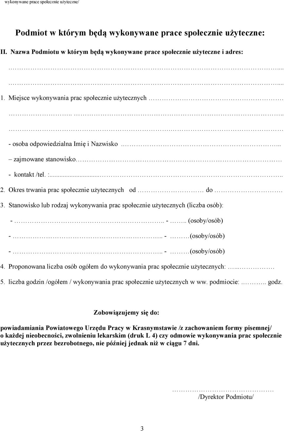 Stanowisko lub rodzaj wykonywania prac społecznie użytecznych (liczba osób): -.. -.. (osoby/osób) -.. - (osoby/osób) -.. - (osoby/osób) 4.