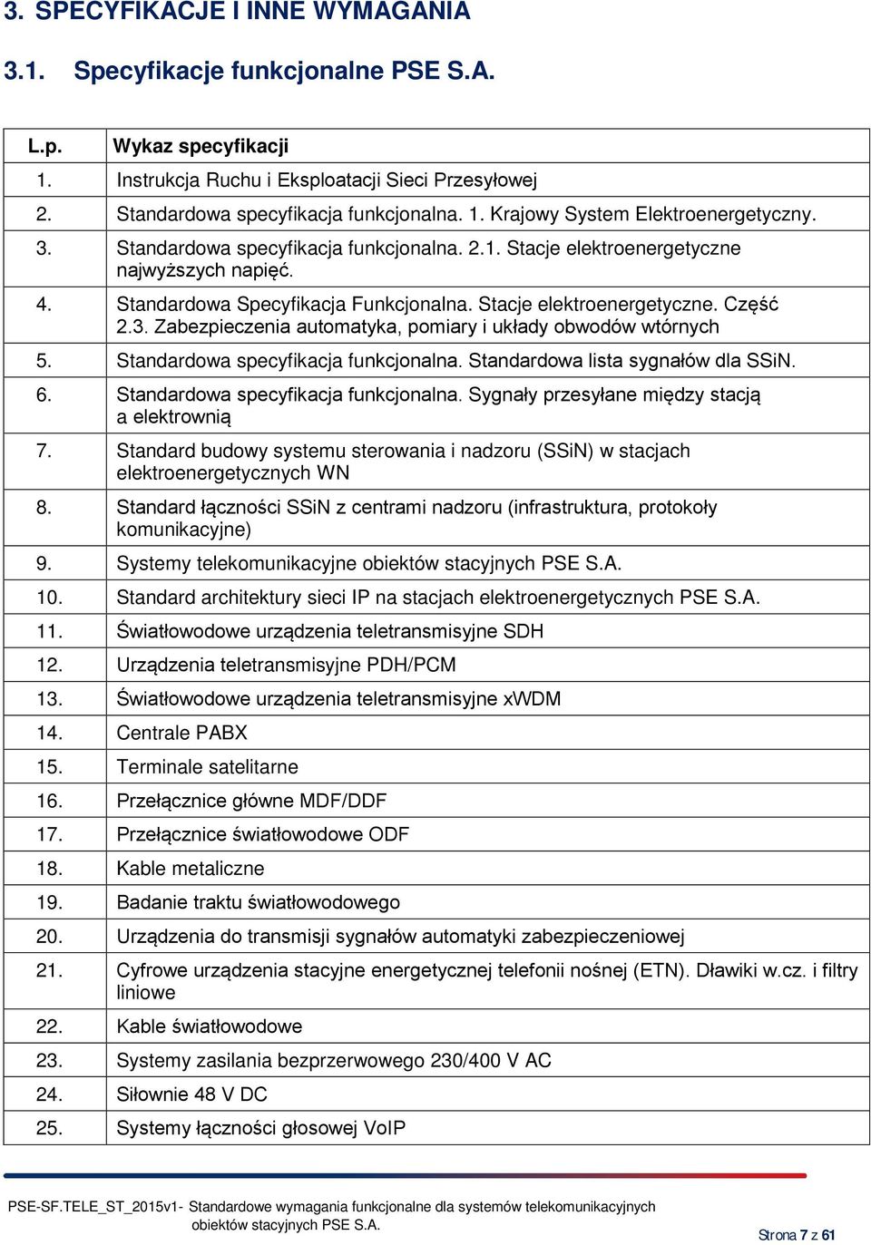 Standardowa specyfikacja funkcjonalna. Standardowa lista sygnałów dla SSiN. 6. Standardowa specyfikacja funkcjonalna. Sygnały przesyłane między stacją a elektrownią 7.