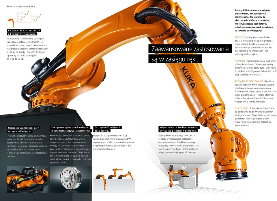 Inteligentne stopniowanie udźwigów i zasięgów robotów serii KR QUANTEC pozwala na łatwą, pewną i ekonomiczną integrację robotów w zakresie udźwigów od 90 kg do 270 kg.