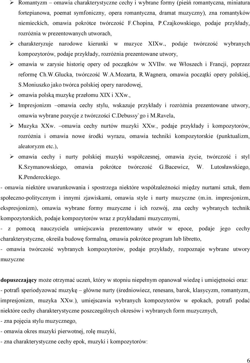 , podaje twórczość wybranych kompozytorów, podaje przykłady, rozróżnia prezentowane utwory, omawia w zarysie historię opery od początków w XVIIw. we Włoszech i Francji, poprzez reformę Ch.W.Glucka, twórczość W.