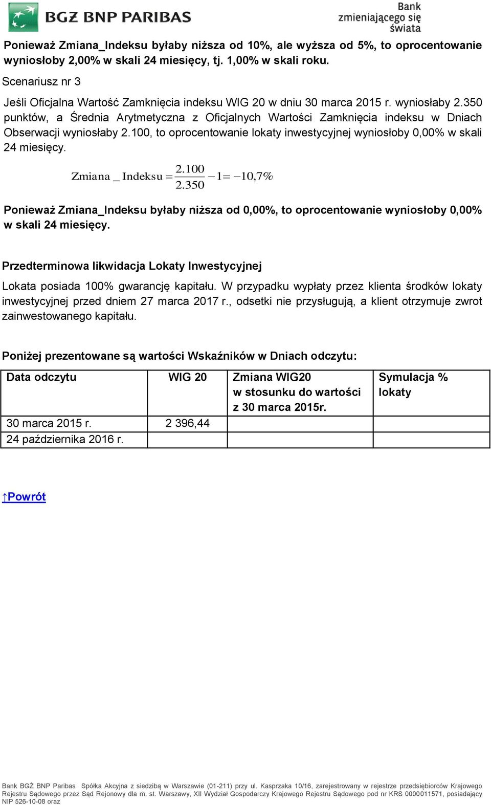 350 punktów, a Średnia Arytmetyczna z Oficjalnych Wartości Zamknięcia indeksu w Dniach Obserwacji wyniosłaby 2.100, to oprocentowanie lokaty inwestycyjnej wyniosłoby 0,00% w skali 24 miesięcy. 2.100 Zmiana _ Indeksu 1 10,7% 2.