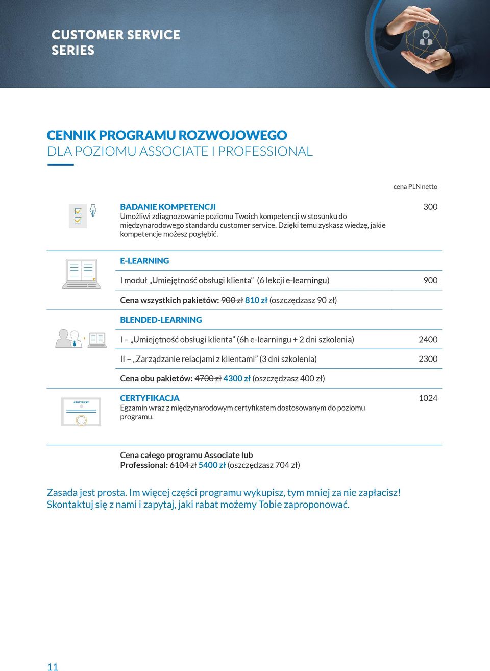 300 E-LEARNING I moduł Umiejętność obsługi klienta (6 lekcji e-learningu) 900 Cena wszystkich pakietów: 900 zł 810 zł (oszczędzasz 90 zł) BLENDED-LEARNING I Umiejętność obsługi klienta (6h