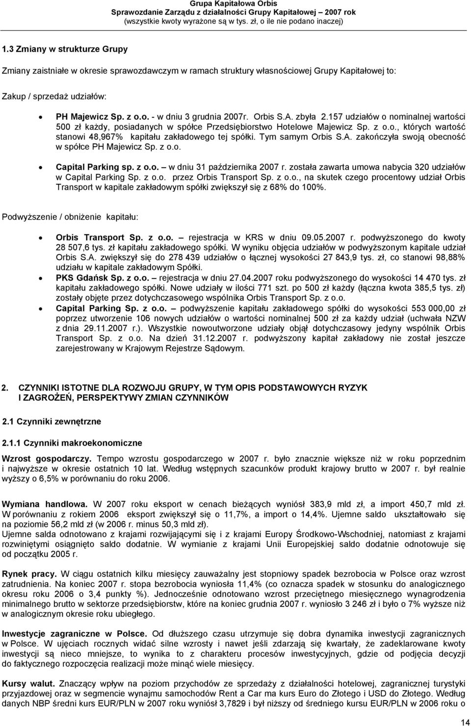 Tym samym Orbis S.A. zakończyła swoją obecność w spółce PH Majewicz Sp. z o.o. Capital Parking sp. z o.o. w dniu 31 października 2007 r.