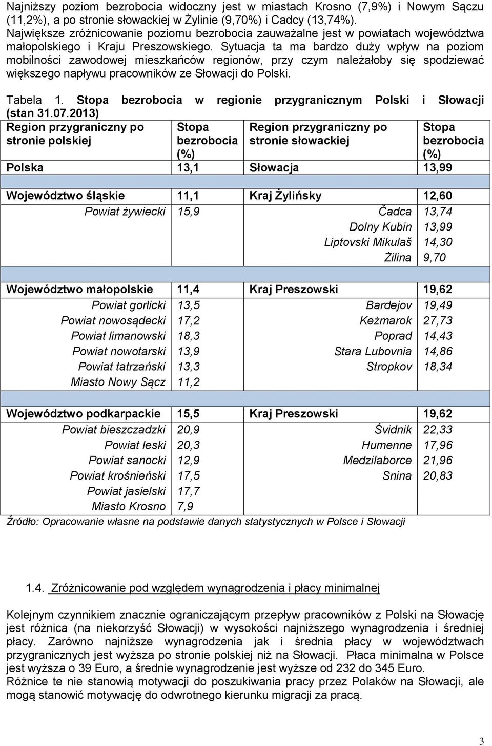 Sytuacja ta ma bardzo duży wpływ na poziom mobilności zawodowej mieszkańców regionów, przy czym należałoby się spodziewać większego napływu pracowników ze Słowacji do Polski. Tabela 1.
