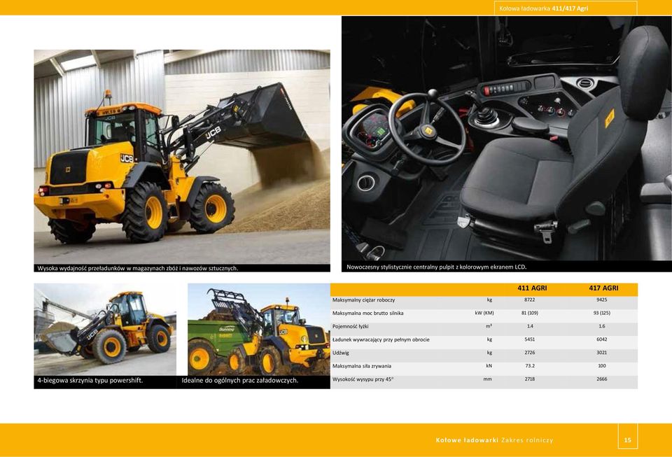 411 AGRI 417 AGRI Maksymalny ciężar roboczy kg 8722 9425 Maksymalna moc brutto silnika kw (KM) 81 (109) 93 (125) Pojemność łyżki m³ 1.4 1.