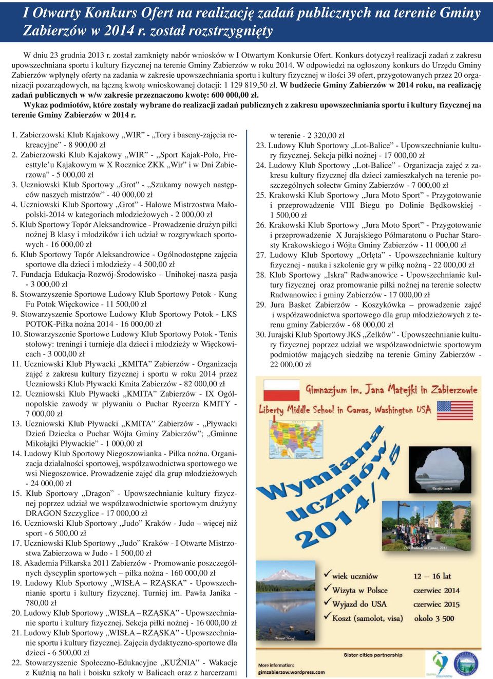 W odpowiedzi na ogłoszony konkurs do Urzędu Gminy Zabierzów wpłynęły oferty na zadania w zakresie upowszechniania sportu i kultury fizycznej w ilości 39 ofert, przygotowanych przez 20 organizacji