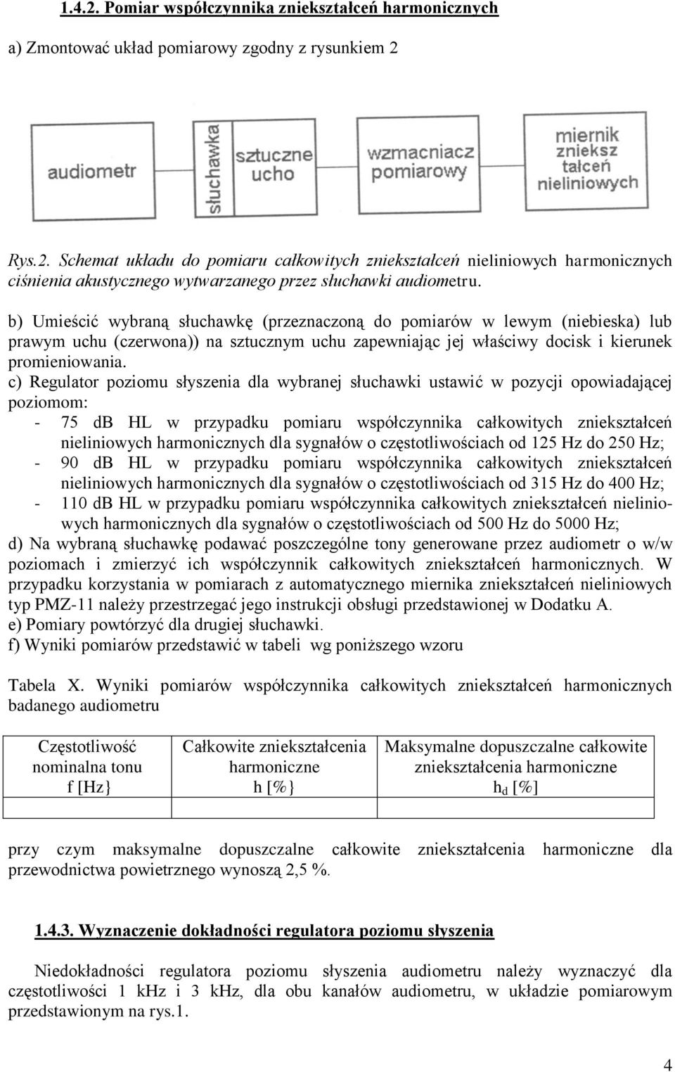 c) Regulator poziomu słyszenia dla wybranej słuchawki ustawić w pozycji opowiadającej poziomom: 75 db HL w przypadku pomiaru współczynnika całkowitych zniekształceń nieliniowych harmonicznych dla