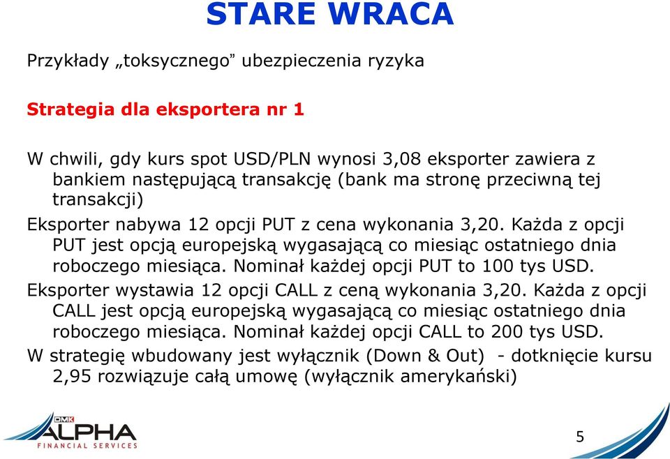 Każda z opcji PUT jest opcją europejską wygasającą co miesiąc ostatniego dnia roboczego miesiąca. Nominał każdej opcji PUT to 100 tys USD.