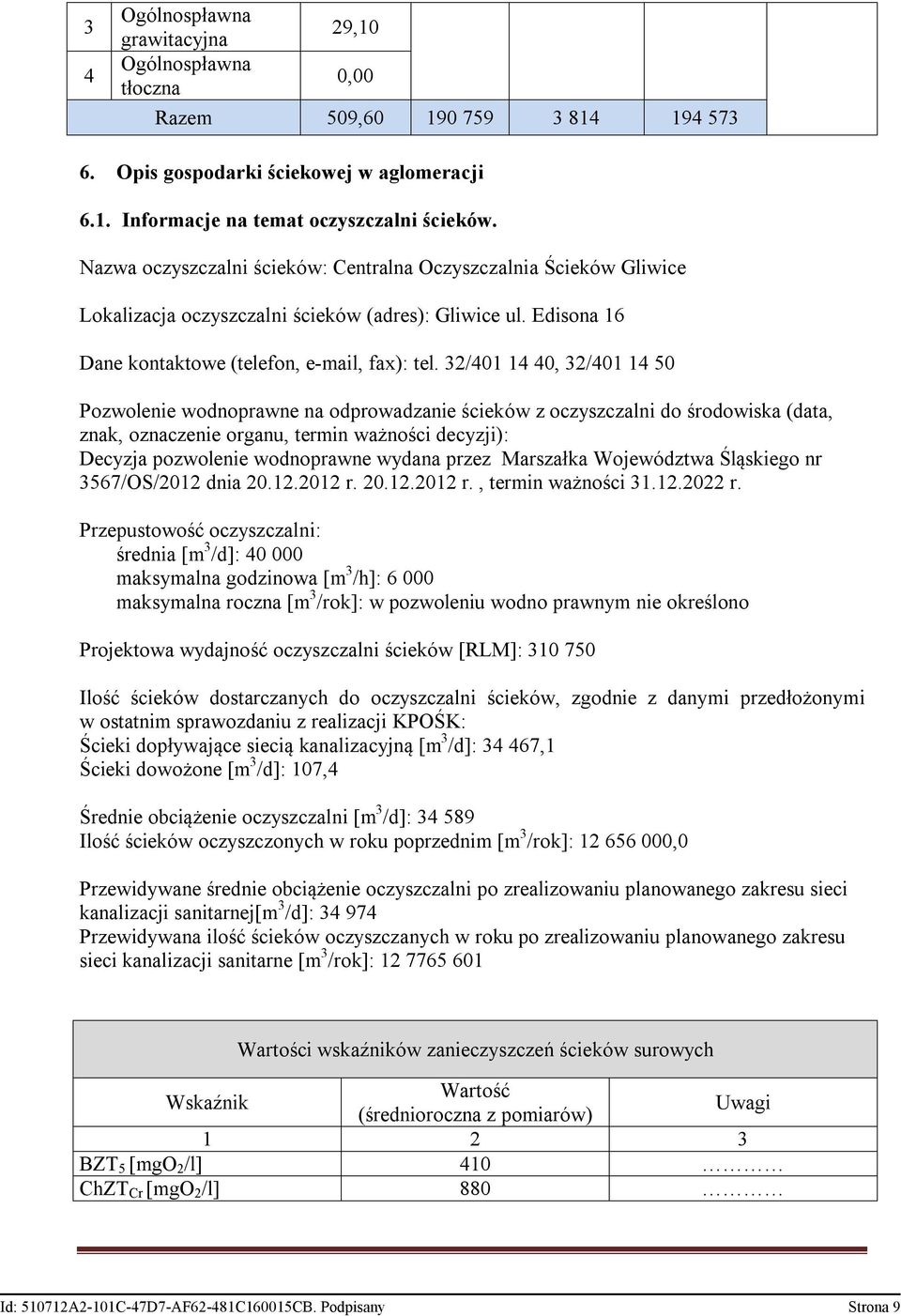 32/401 14 40, 32/401 14 50 Pozwolenie wodnoprawne na odprowadzanie ścieków z oczyszczalni do środowiska (data, znak, oznaczenie organu, termin ważności decyzji): Decyzja pozwolenie wodnoprawne wydana