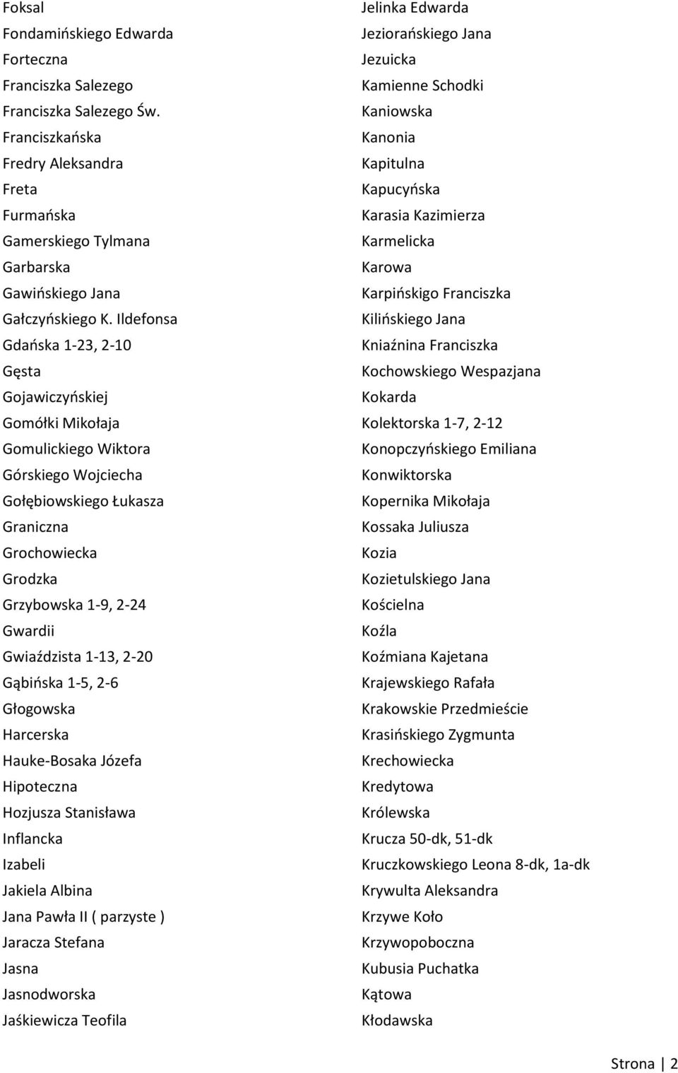 Gwiaździsta 1-13, 2-20 Gąbioska 1-5, 2-6 Głogowska Harcerska Hauke-Bosaka Józefa Hipoteczna Hozjusza Stanisława Inflancka Izabeli Jakiela Albina Jana Pawła II ( parzyste ) Jaracza Stefana Jasna