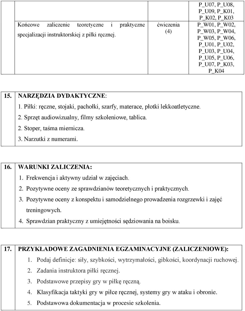 Piłki: ręczne, stojaki, pachołki, szarfy, materace, płotki lekkoatletyczne. 2. Sprzęt audiowizualny, filmy szkoleniowe, tablica. 2. Stoper, taśma miernicza. 3. Narzutki z numerami. 16.