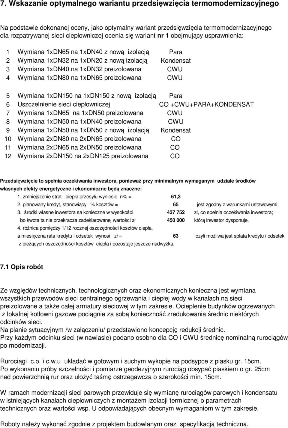 preizolowana CWU 4 Wymiana 1xDN80 na 1xDN65 preizolowana CWU 5 Wymiana 1xDN150 na 1xDN150 z nową izolacją Para 6 Uszczelnienie sieci ciepłowniczej CO +CWU+PARA+KONDENSAT 7 Wymiana 1xDN65 na 1xDN50