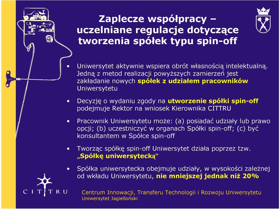 podejmuje Rektor na wniosek Kierownika CITTRU Pracownik Uniwersytetu może: (a) posiadać udziały lub prawo opcji; (b) uczestniczyć w organach Spółki spin-off; (c) być