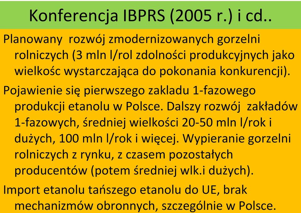konkurencji). Pojawienie się pierwszego zakladu 1-fazowego produkcji etanolu w Polsce.